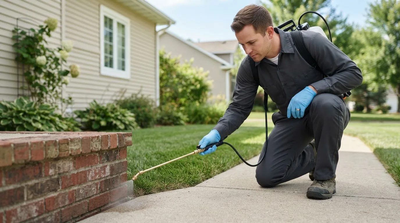 Pest control technician treating a home near Wharton, TX