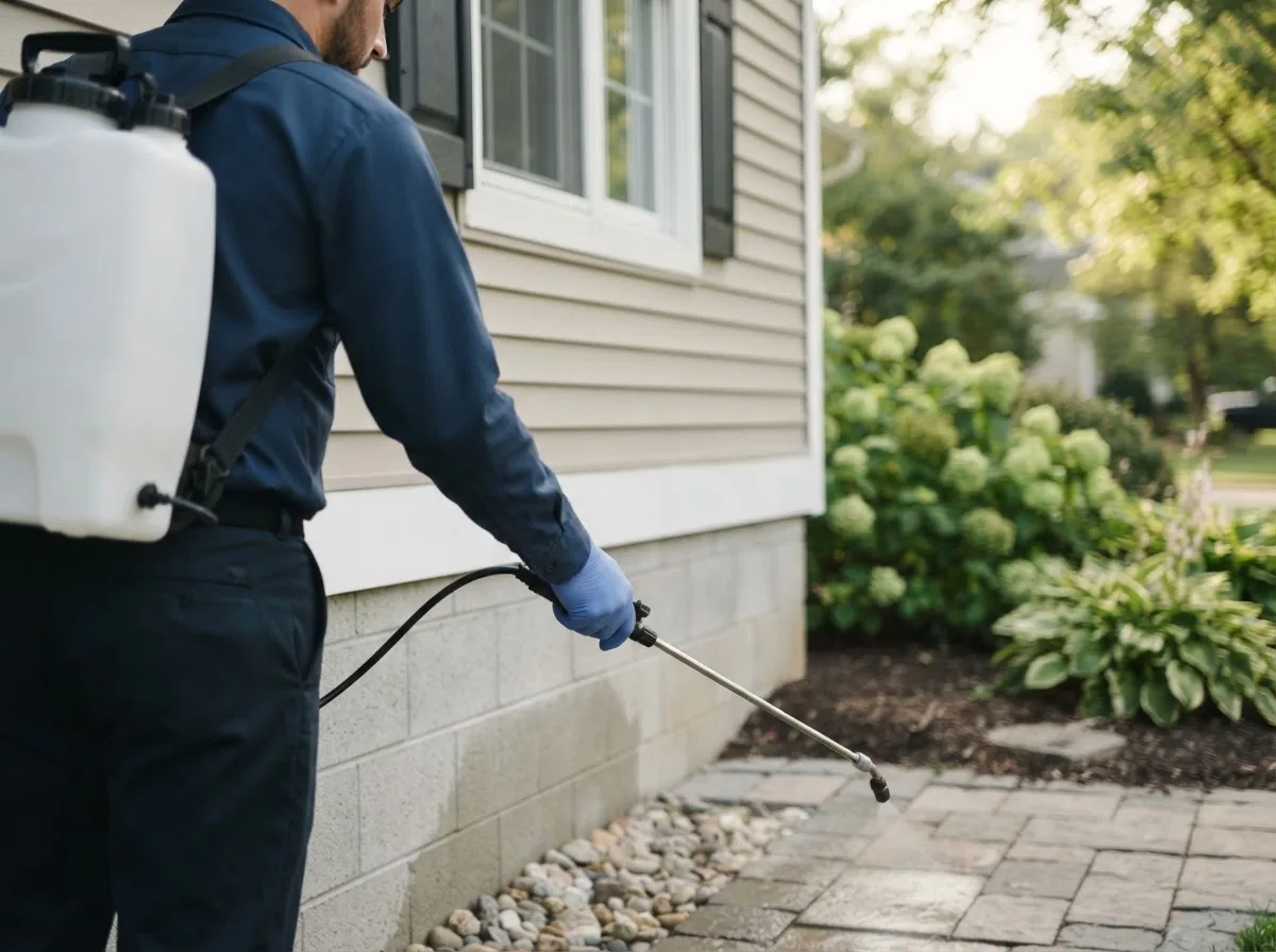 Pest control technician inspecting a home in Wharton, TX